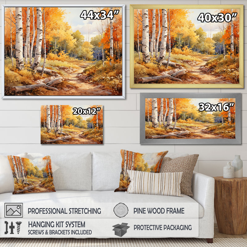 Birch Woods Gilded Pathway II - Imprimé, H 34 po x l 44 po x P 1,5 po, Cadre flottant doré