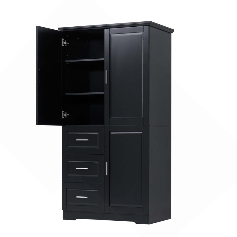 Armoire de rangement haute et large avec 3 tiroirs et portes pour la salle de bain / bureau, Black