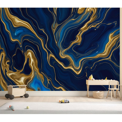 Papier peint adhésif de luxe marbre bleu doré à texture abstraite marbré bleu océan Indigo, papier contact amovible amovible pour salle de séjour H 69 po x l 96 po