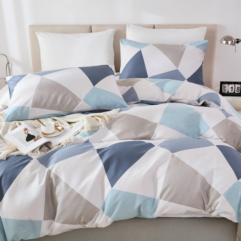 Ensemble de housse de couette 100% coton pour très grand lit - Ensemble de literie triangulaire bleu gris nordique 3 pièces, housse d'édredon légère et douce avec fermeture à glissière, ensemble de lit contemporain neutre abstrait