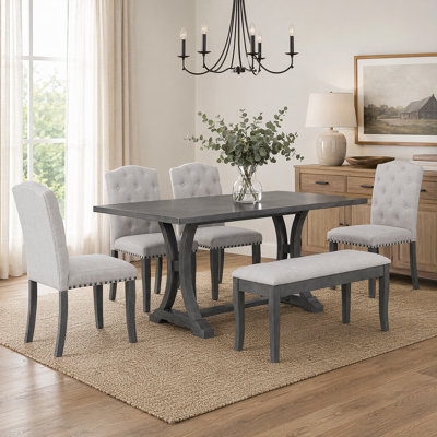 American-Style 6-Piece Dining Set - Solid Wood Trestle Table With Tufted Chairs & Linen Cushions