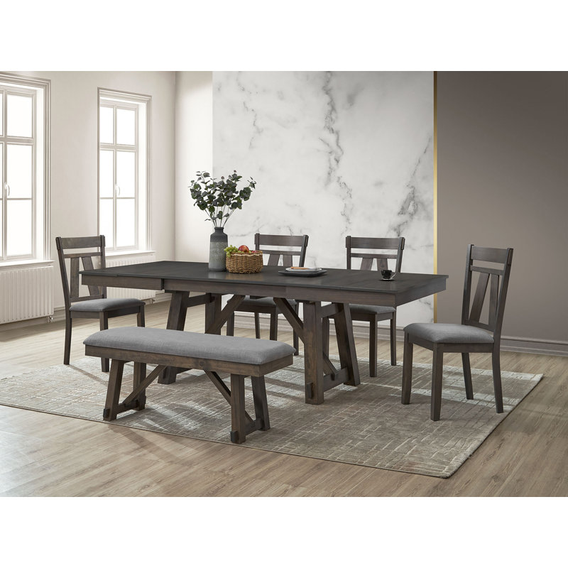 6PC Wooden Dining Table (+ 14" Double E. Leaf) Set W/ Plank Support, Gray/Gray