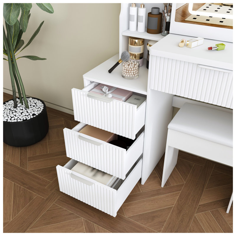 Meuble-lavabo moderne avec miroir à DEL, table de maquillage avec prise de courant et support pour sèche-cheveux, coiffeuse blanche à 4 tiroirs et tablettes de rangement