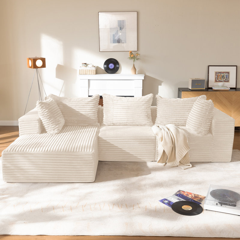 Boneless 111" Modular Sectional Sofa L-Shape Rabbit Plush Couch With Chaise, Modular Boneless L-Shaped Deep Seat Cloud Couch, Comfy Sleeper Floor Sofa For Living Room