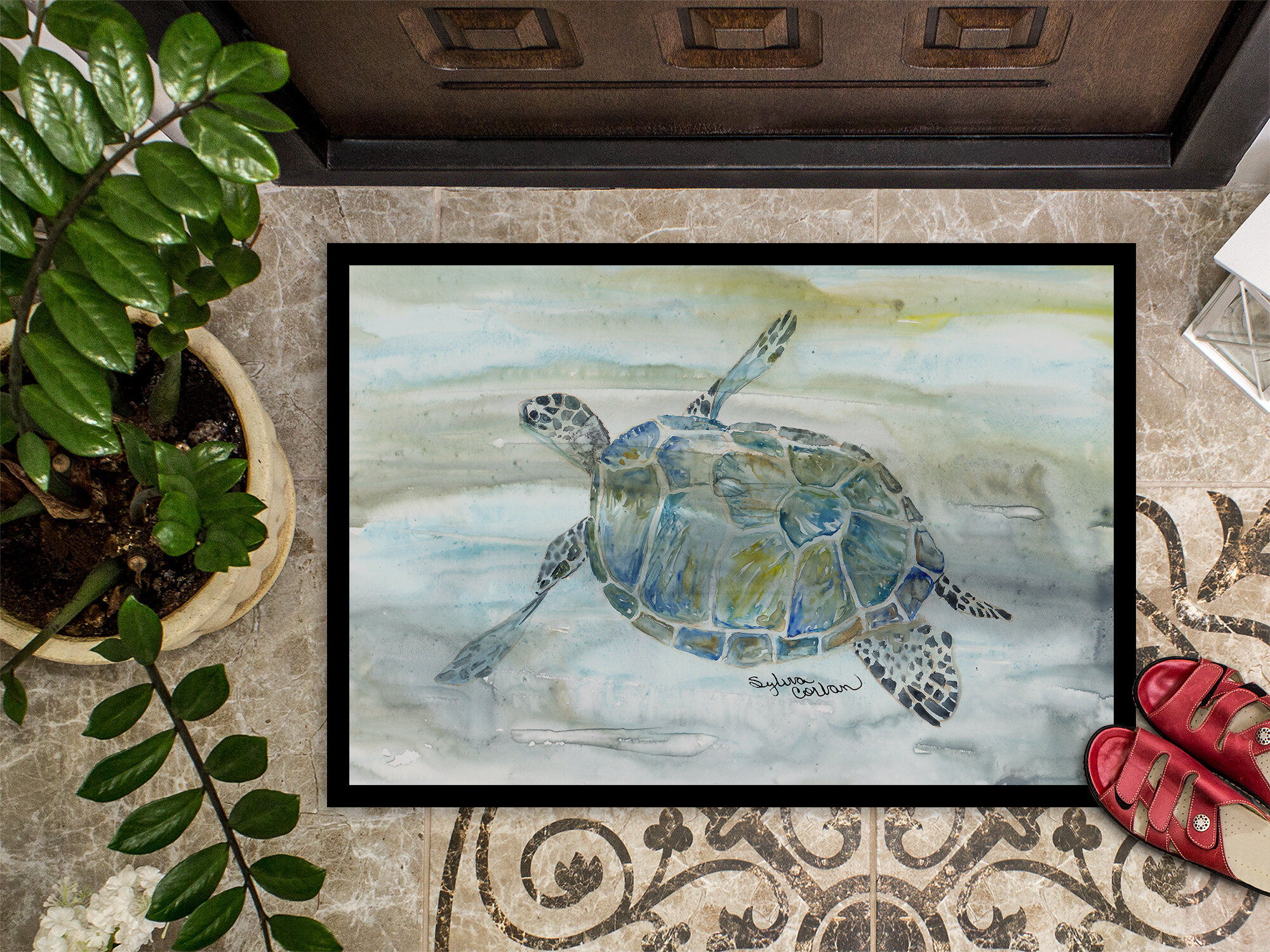 Watercolor Sea Turtles Door Mat, Indoor Outdoor Non-slip Rubber