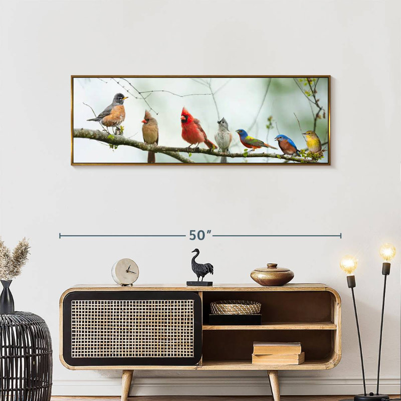 Rassemblement d'oiseaux, 46 po x 16 po, Cadre flottant doré