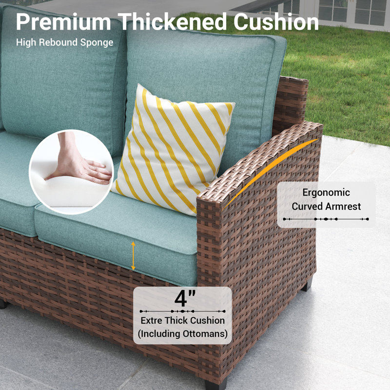 3-Person Patio Conversation Sofa, Blue Cushion/Brown Frame