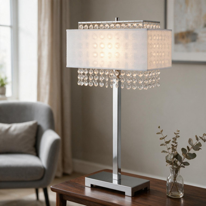 Lampe de table en métal de 28 po de hauteur avec finition argentée, abat-jour blanc et accents de cristal