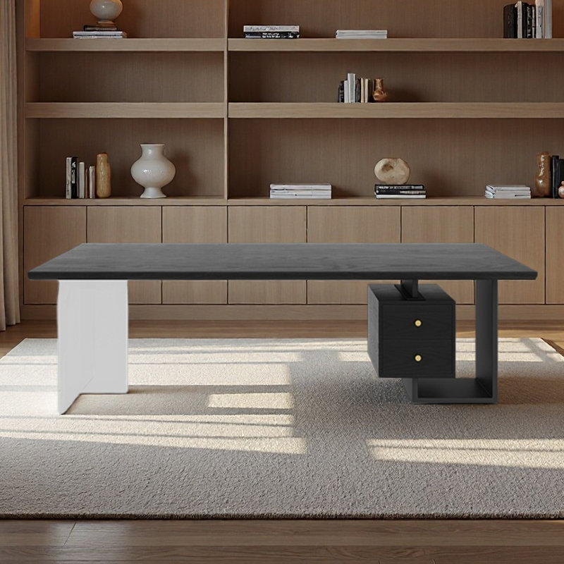 Bureau d'étude en bois massif avec tiroirs en noir, H 29,53 po x l 78,74 po x P 31,5 po