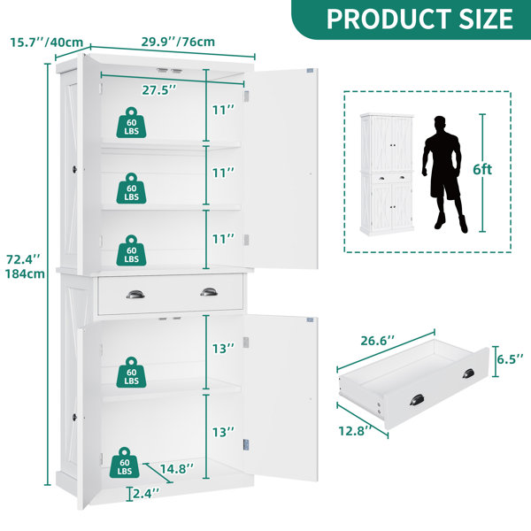 Gracie Oaks Sneyd 72H Wood Farmhouse Kitchen Pantry Cabinet with