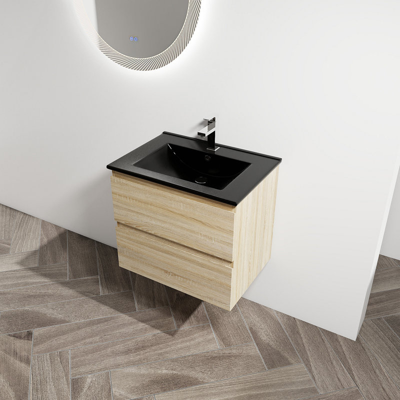 Meuble-lavabo mural 24 po avec lavabo en céramique noire, 2 tiroirs à fermeture en douceur, ensemble KD, Chêne clair