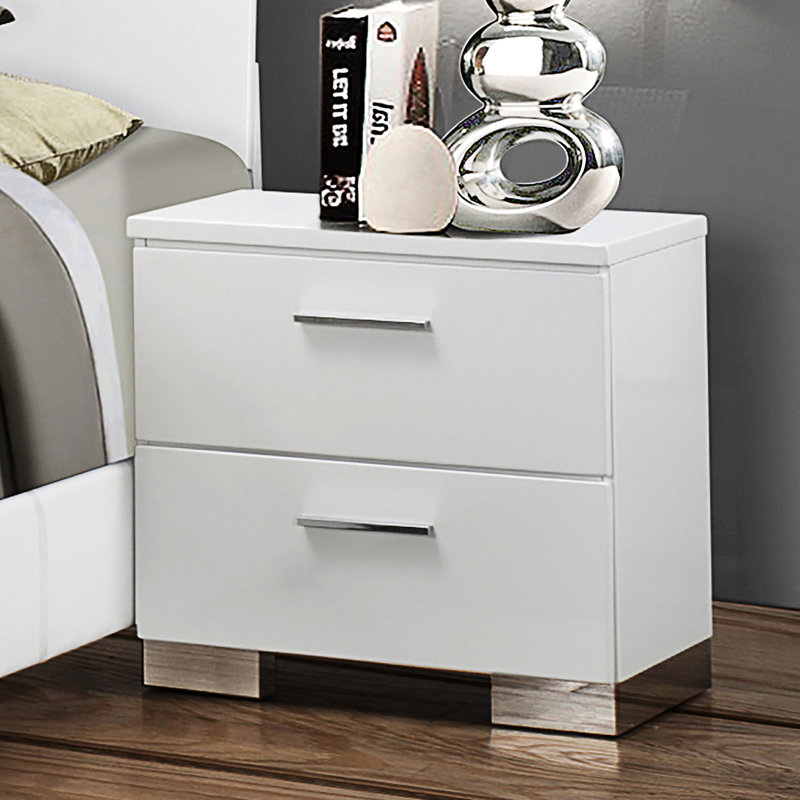2 table de chevet en blanc brillant - rangement spacieux pour la chambre à coucher, tiroirs doublés de feutre, accessoires de glissières en métal lisses pour une décoration élégante et stable