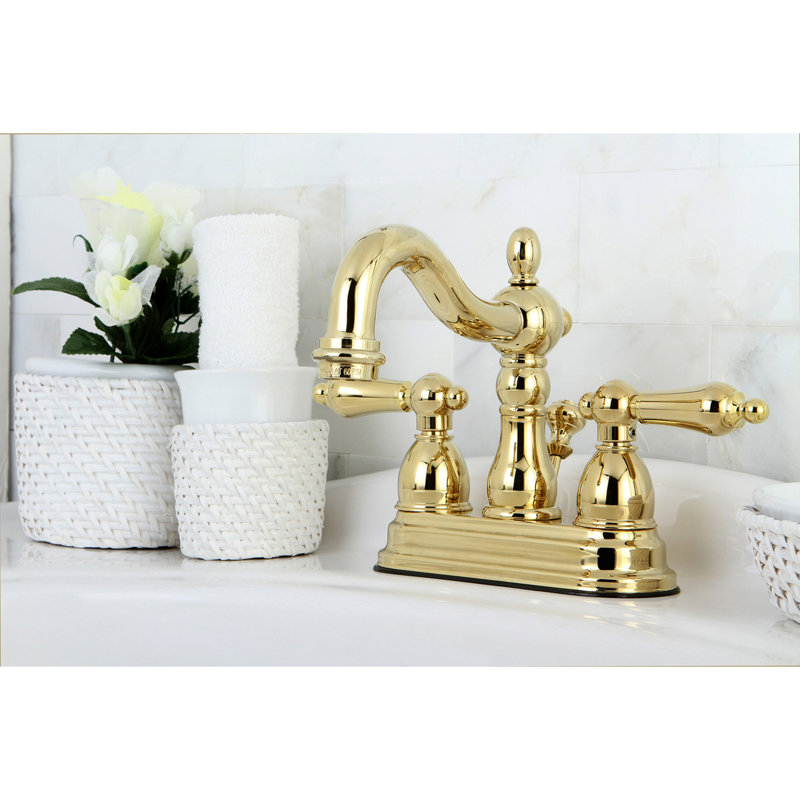 Kingston Brass Heritage Two-Handle 3-Hole Deck Mount 4" Centerset Bathroom Faucet with Brass Pop-Up, Polished Brass