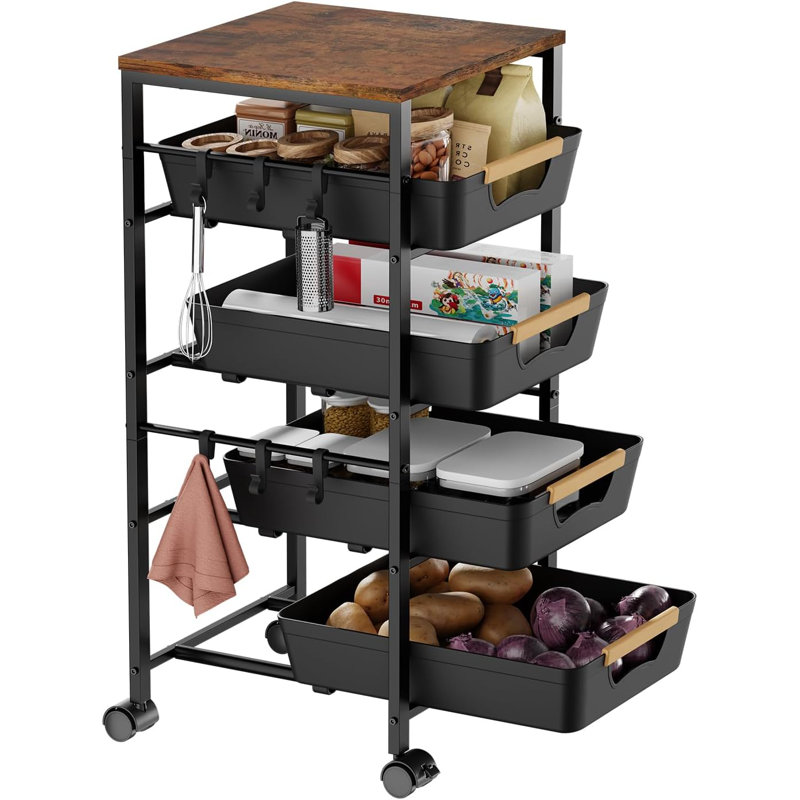 5-Tier Kitchen Storage Cart, Wood Top Rolling Cart Organizer With Pull-Out Baskets & Wheels, Metal Snack Cart With Holder For Fruit, Vegetable, Microwave, Kitchen, Pantry, Black