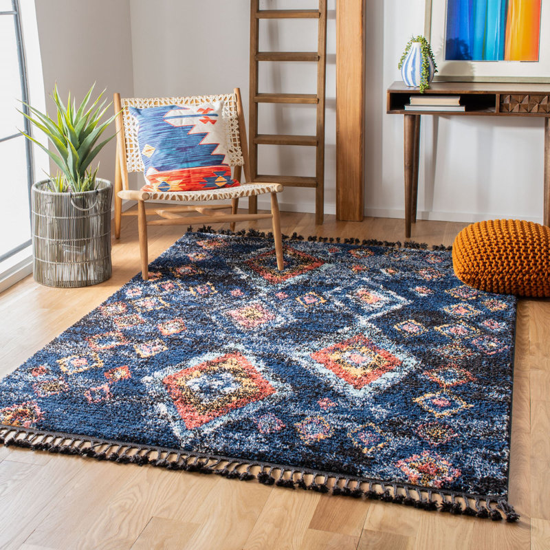 Red and Navy Diamond Pattern Synthetic 8' x 10' Area Rug