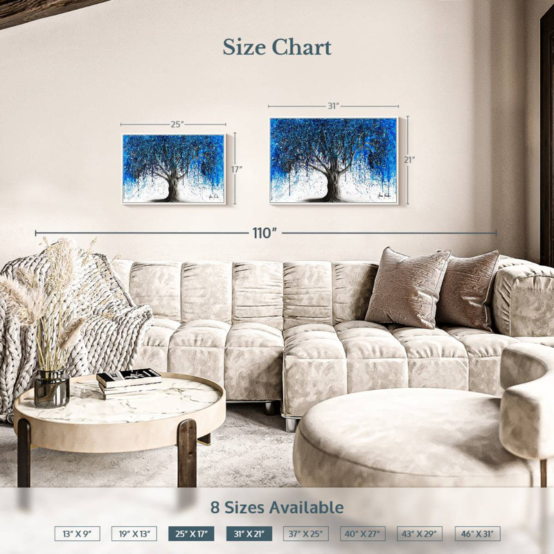 Arbre bleu au clair de lune, Cadre flottant blanc, 25 po x 17 po