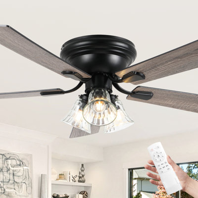 52" Farmhouse 5-Blade Flush Mount Ceiling Fan with Light Kit and Remote Control, Reversible DC Motor Low Profile Ceiling Fan