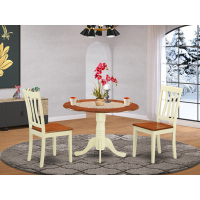 Ensemble de coin-repas 3 pièces pour petits espaces comprenant une table de salle à manger ronde avec Dropleaf et 2 chaises de cuisine, 42 po x 42 po, babeurre et cerise
