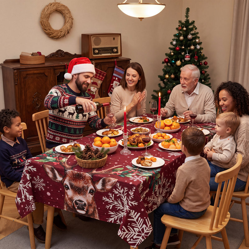 Nappe de Noël avec rennes et flocons de neige, 100 % polyester flammé, pour les fêtes., 60*120inch, Red