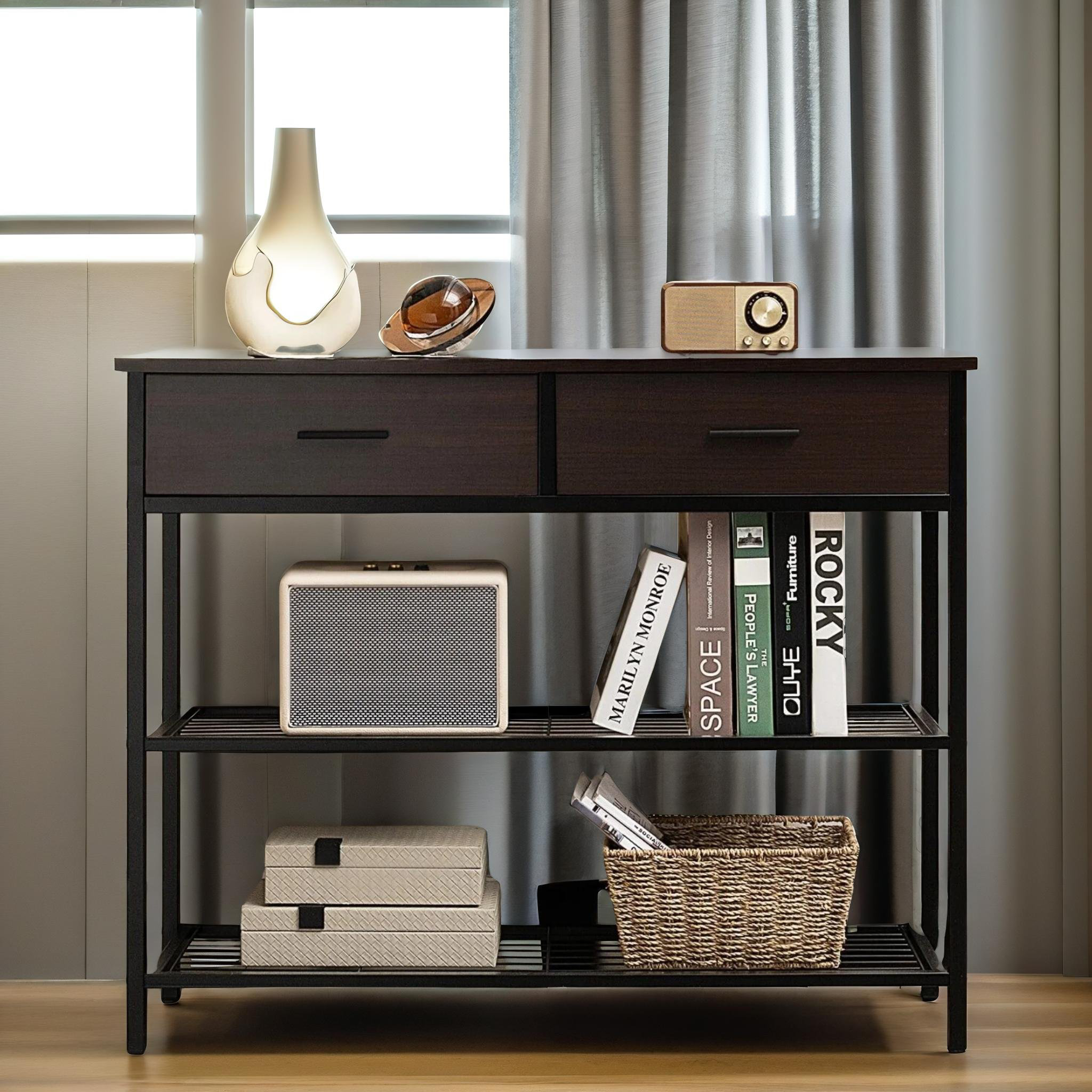 FURNOLD 3 Tier Rustic Industrial 100Cm Console Table with Storage ...