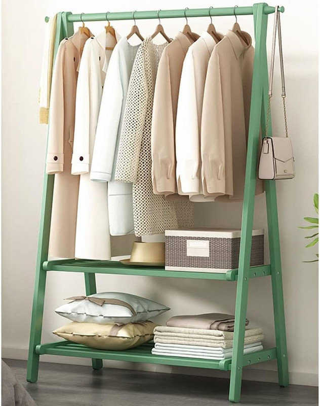 Bamboo Free Standing Foldable Clothes Rack, Coat Rack Stand with 2 Tier Storage Shelves, with 2 Hooks, for Bedroom/Office/Entryway