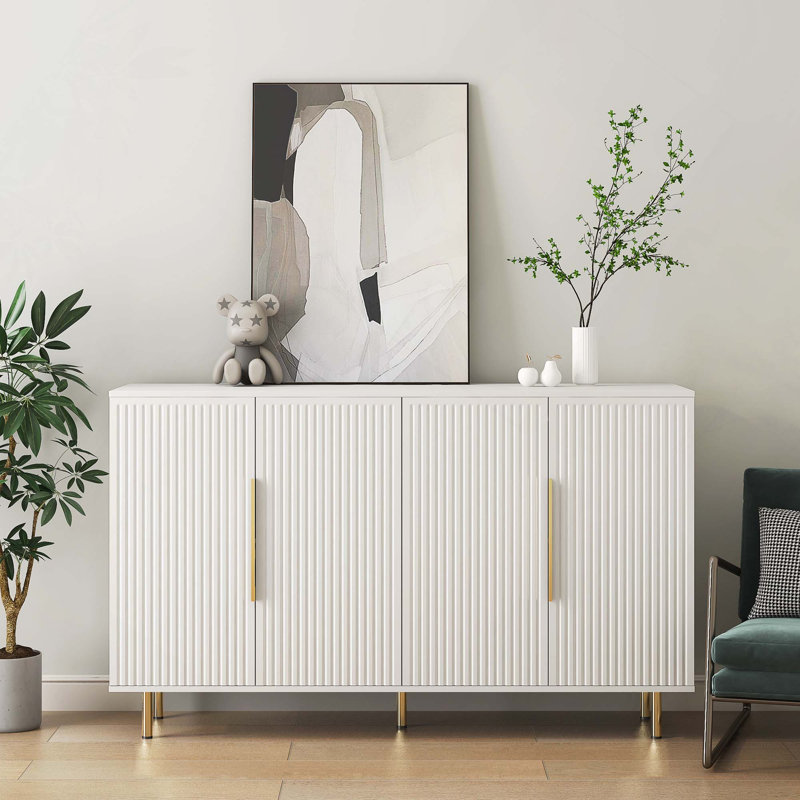 Fluted Buffet Accent Cabinet With Adjustable Shelves, White