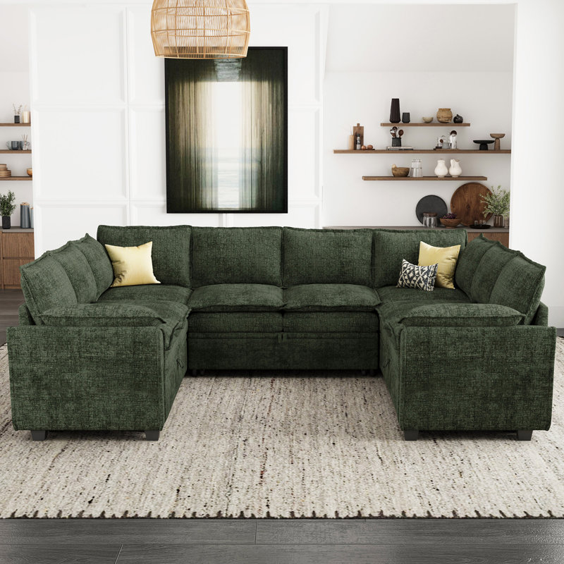 Large Chenille U-Shaped Storage Sectional Sofa King Pull Out Sofa Bed Sleeper Livingroom Bedroom Apartment Corner Couch