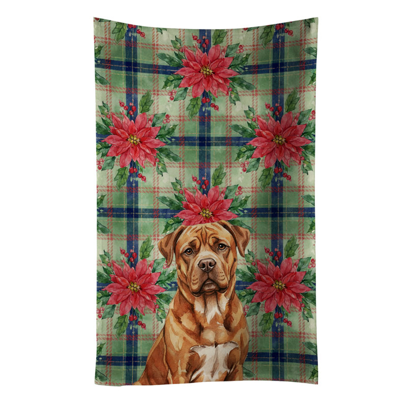 Mahogany Dogue de Bordeaux Christmas PoinsettIas Kitchen Towel, Mahogany Dogue de Bordeaux