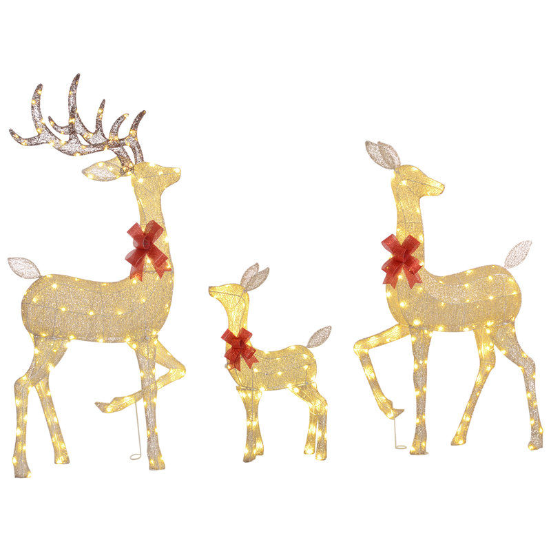 Ensemble de 3 pièces de famille de cerfs de Noël lumineux, lumières DEL, or