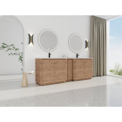 92'' Freestanding Bathroom Vanity With White Ceramic Sink, And 1-Small Storage Cabinet, Soft-Close Door, Imitative Oak, KD-Packing, Plywood