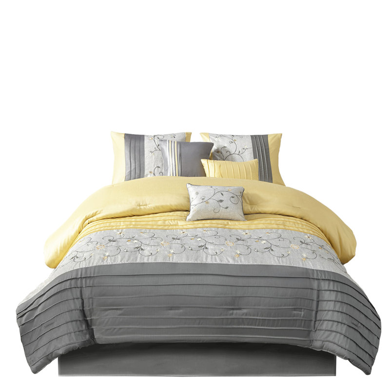 Édredon jaune 7 pièces pour grand lit - détails brodés, matériau, lavable à la machine, jupe incluse, inclut l'édredon, les taies décoratives