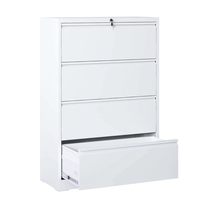 Classeur à dossiers verrouillable blanc en métal pour 4 classeurs, idéal pour le bureau à domicile, compatible avec différents formats, finition et construction robustes.