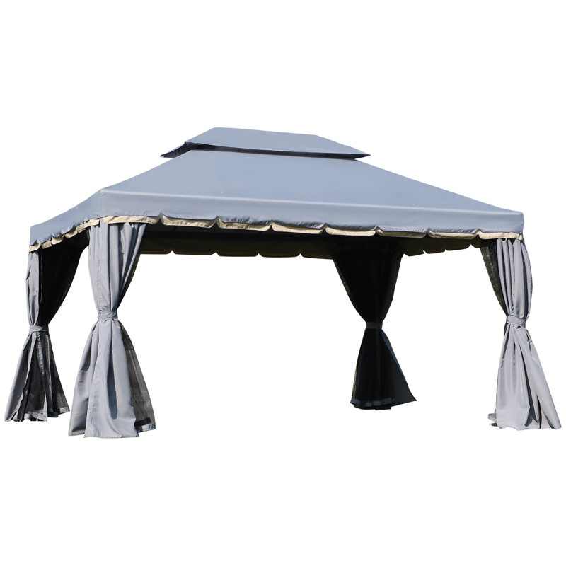 3 X 4m Aluminium Gazebo, Two-tier Pa Coated Canopy Pavilion With Privacy Curtains And Insect Netting, Powder Coated Aluminium Frame, Outdoor Marquee Shelter For Garden Deck Patio, Grey