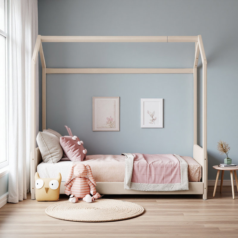 Velvet House Bed Wood Bed, Beige, Twin