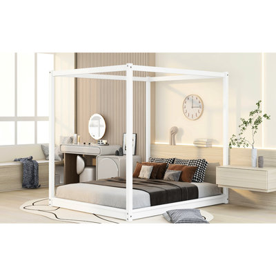 White Canopy Platform Bed, Queen Size, Support Legs - Cool Underbed, Build, Simple Assembly Stable Structure, Fresh Mattress