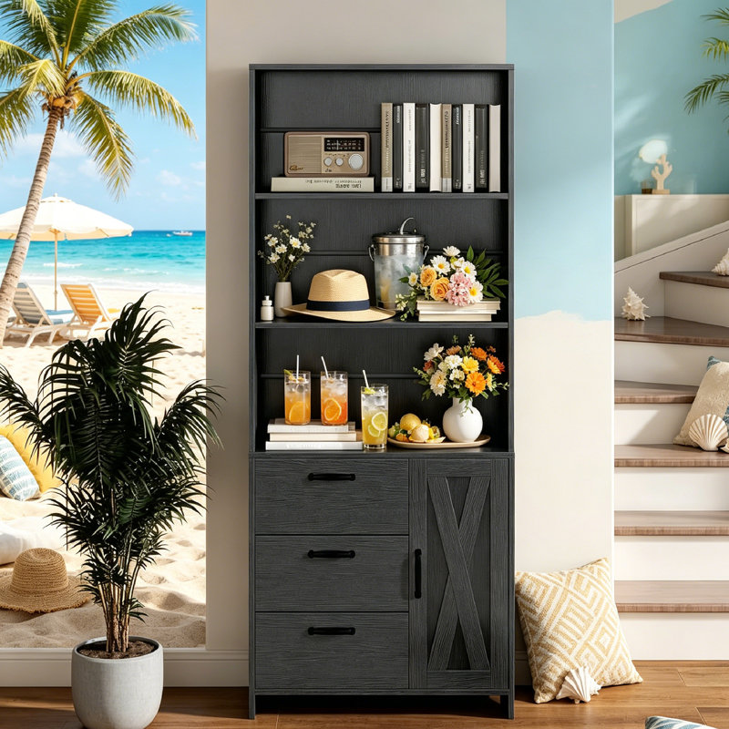 5-Tier Bookshelf with Door and 3 Drawers, 70.87" Wooden Bookcase with 3 Open Shelves, Farmhouse Floor Standing Bookcase with Storage Cabinet, Wooden Book Shelf for Home Office, Living Room, Bedroom.