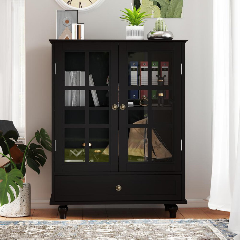  Minimalist Modern Wooden Storage Sideboard Cupboard with Double Glass Doors and Drawer for Living room, Dining Room, Hallway, Entryway