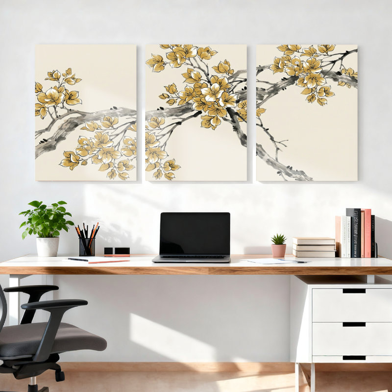 Ensemble de 3 tableaux muraux sur toile de style oriental représentant des branches de cerisier en fleurs dorées.