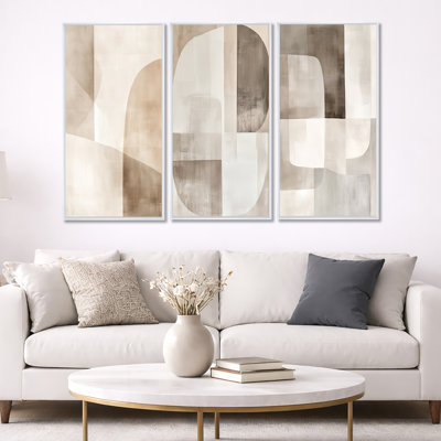 Beige Minimal Wall Art - Neutral Shapes in Balance – Abstract Minimalism Framed Wall Art Set of 3