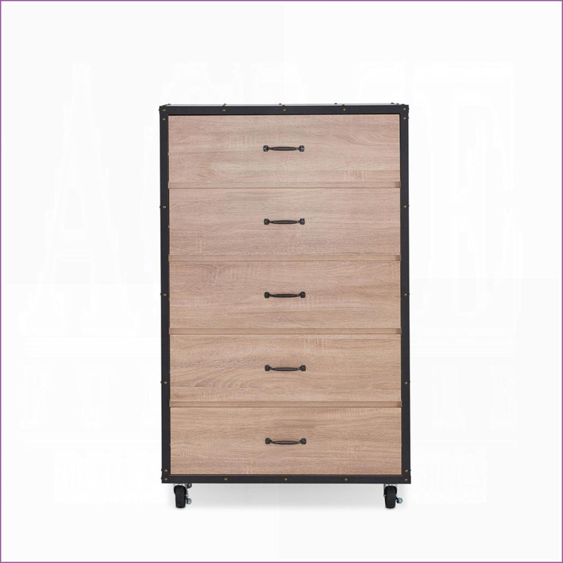 Commode 5 tiroirs en chêne clair patiné avec glissières en métal Roulettes | Chêne | Panneau de particules et panneau de fibres à densité moyenne