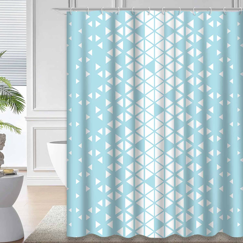 Abstract Geometric Blue Graphic White Shower Curtain with 12 Hooks, 72" L x 72" W