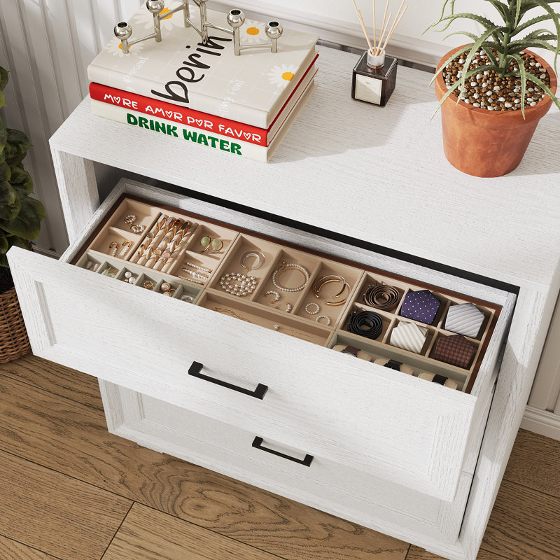 Commode 3 tiroirs H 34,4 po avec pieds en bois massif, Blanc/Noir