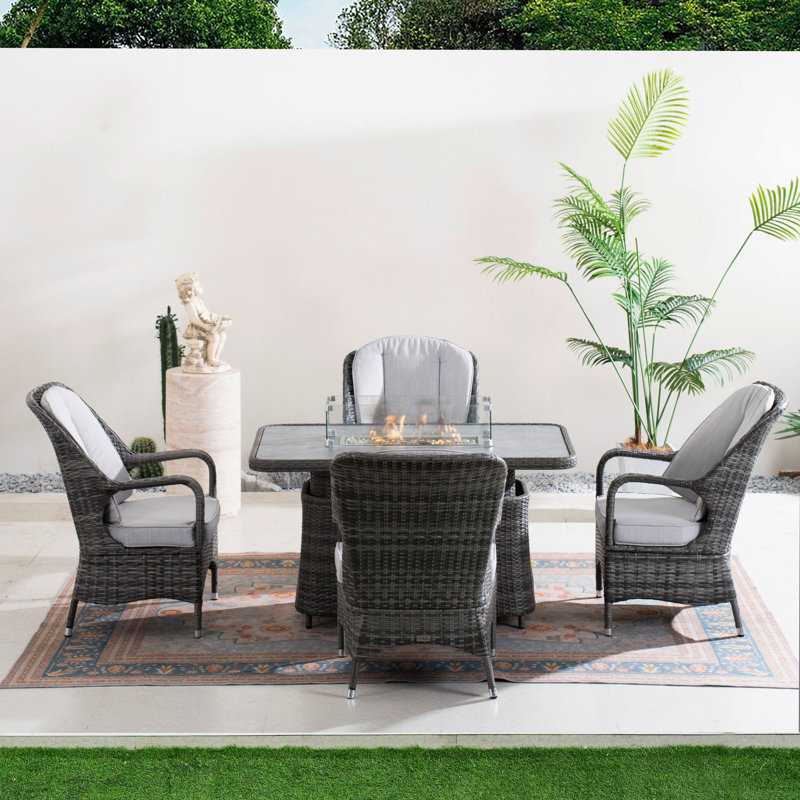 4-Person Wicker Patio Dining Set With Rectangular Table, Cushions Included, Gray Cushion/Gray Frame