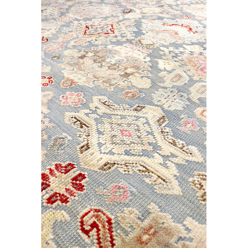 Tapis bleu / rose noué à la main Oushak, Rectangle 9 pi x 12 pi