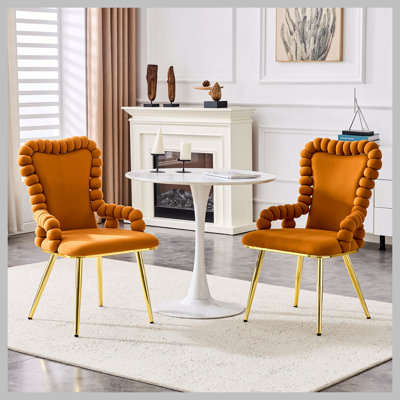 Ensemble de 2 chaises de salle à manger orange et velours avec pattes dorées, chaises d'appoint rembourrées avec accoudoirs pour la salle à manger et la cuisine