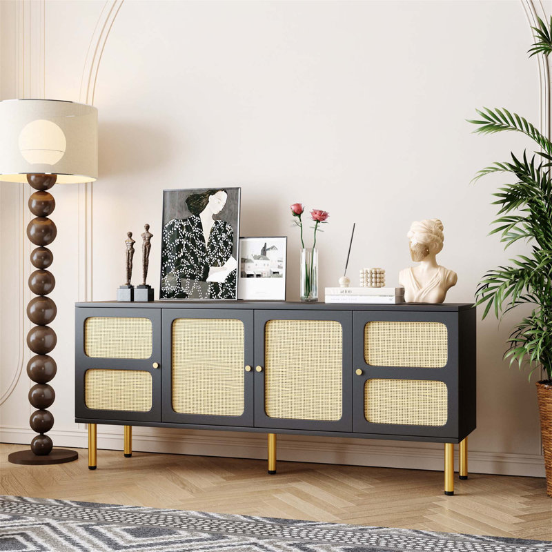 Console, meuble télé et meuble télé 64,9 po avec porte en rotin pour téléviseur de 70 po ou moins Maichin, Noir