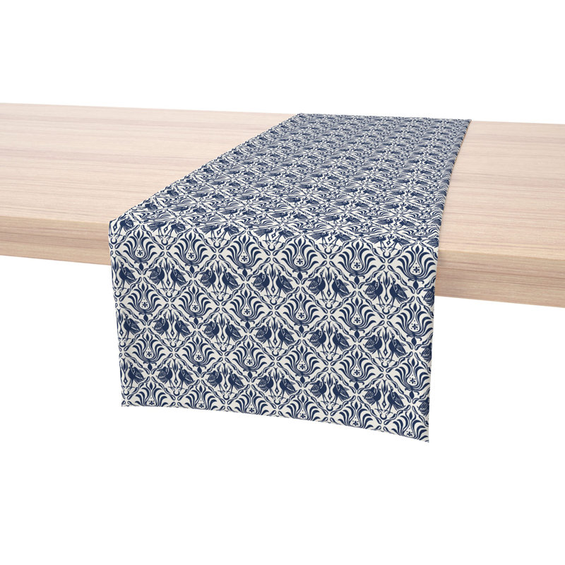Table Runner, 100% Cotton, 16X108", Cranes In Damask, 90" L x 16" W