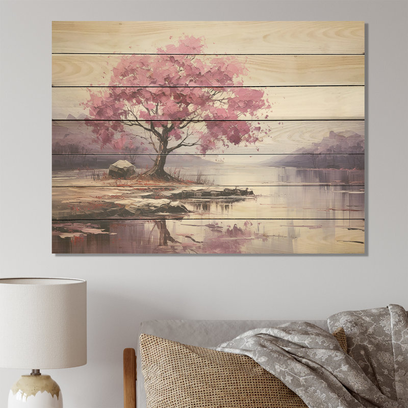 Fleur de cerisier mauve au bord du lac II - Fleur de cerisier sur bois, H 34 po x l 44 po
