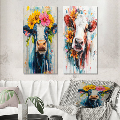 Vache, peinture avec fleurs de ferme I - animaux, art mural 2 panneaux