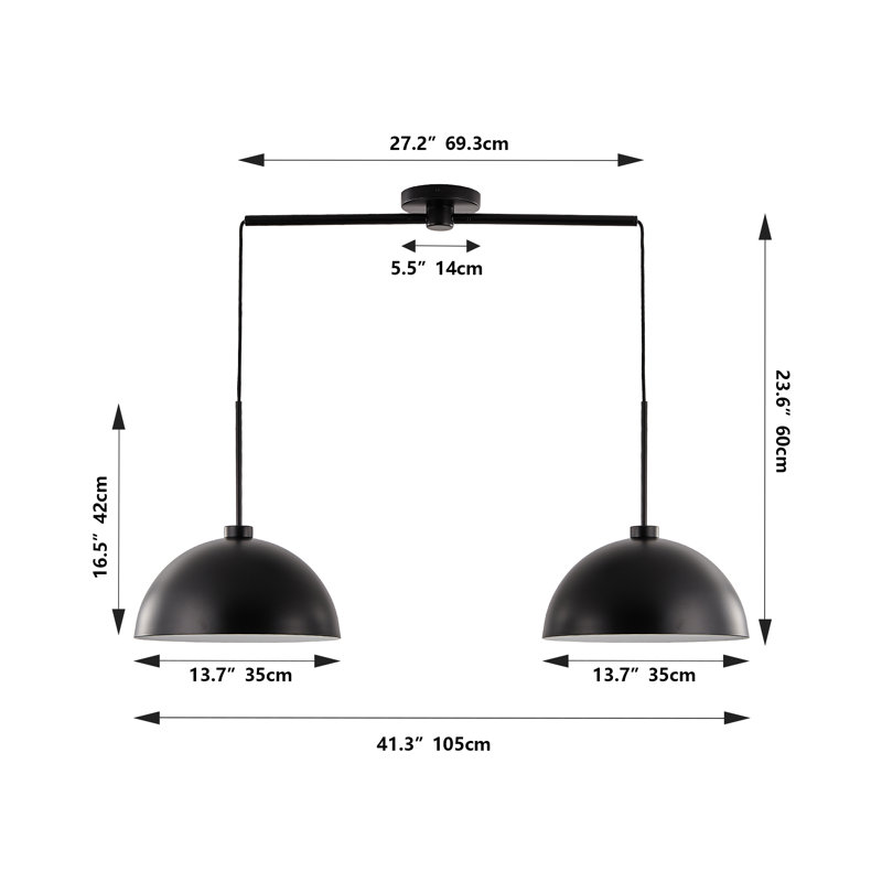 41'' 2-Light Black Dome Pendant Lights, Industrial Hanging Fixtures for Kitchen Island, Matte Black